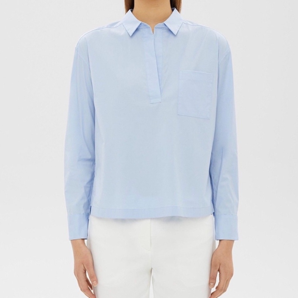 Theory Womens Solid Light Blue Wide Placket Popover Shirt Blouse Cotton Small S